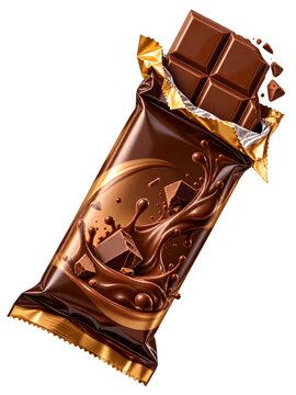 Premium Chocolate Bar in Metallic Packaging with Chocolate Splash
