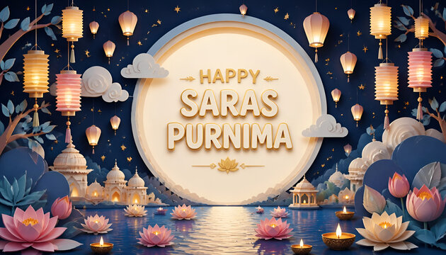 Happy saras purnima greeting featuring hanging lanterns and glowing lotuses on water under a large moon lanterns fullmoon festival celebration