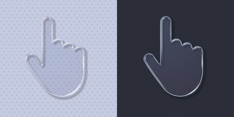 Obraz premium Realistic 3D glass pointer hand cursor icon with glossy reflection. Transparent liquid glass click sign for UI UX web design, mobile app interface template