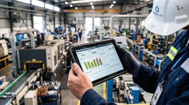 Factory engineer monitoring production performance on rugged tablet, industrial manufacturing plant, factory automation, quality control analysis, heavy machinery operations.