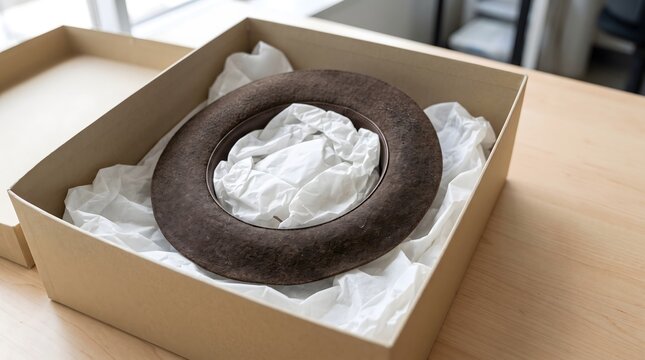 Upside-down felt hat rests in an open storage box with its crown cavity filled with tissue, illustrating protective packing and collection care for vintage accessories.
