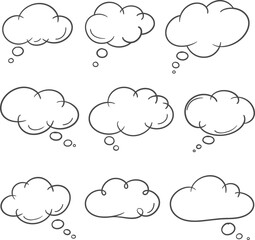 Obraz premium Thought bubble sketch collection. Includes hand-drawn speech clouds with doodle outlines and dialogue circles. Black and white outline vector art for comic design, brainstorming, and notes.