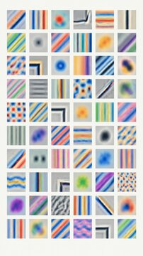 Grid of abstract tiles showing learned convolution filters with
