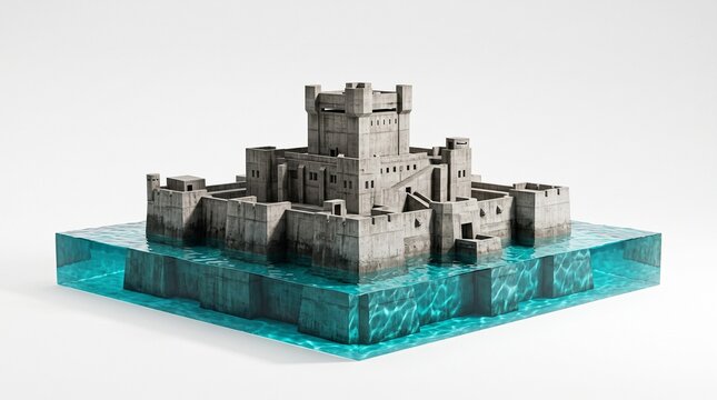 A detailed miniature stone castle model submerged in a block of clear blue resin.