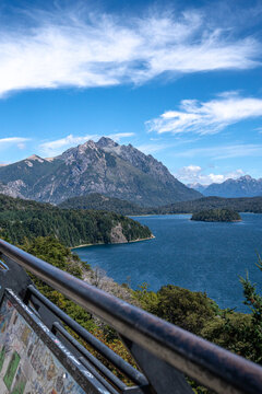 View of the Nahuel Huapi Lake and surrounding mountains from the Punto Panoramico in Circuito Chico, San Carlos de Bariloche, Rio Negro, Argentina.