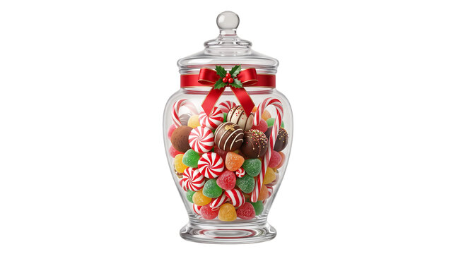Glass jar filled with assorted holiday candy and red ribbon