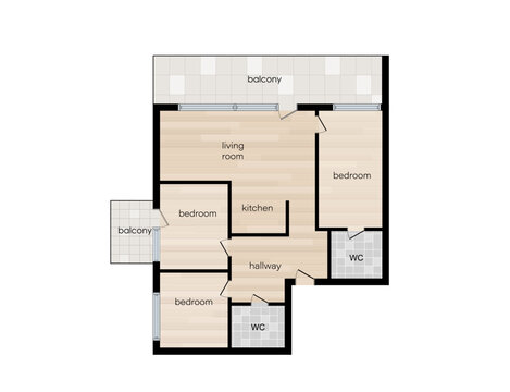 Architectural floor plan of apartment interior with furniture layout, rooms, design elements shown from top view for project.
