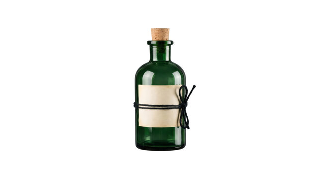 Small green potion bottle with blank label isolated on transparent