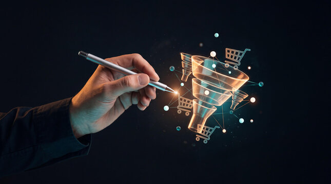 Digital sales funnel concept for e-commerce conversion, businessman hand pointing at glowing marketing funnel, customer acquisition strategy
