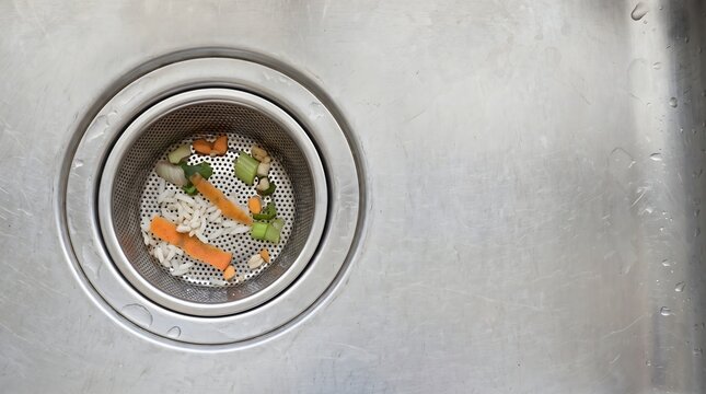 Kitchen sink basket strainer holds rice and vegetable scraps above the drain, illustrating practical food-waste control, drain care and blockage prevention.