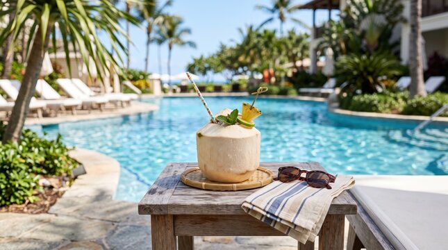 Refreshing coconut cocktail drink with pineapple garnish on rustic wooden table by swimming pool, tropical vacation resort background, summer relaxation, travel leisure, holiday