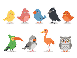 Obraz premium Set of cute colorful cartoon birds collection with various species like owl toucan and raven