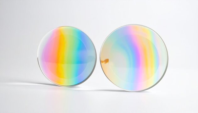 Two optical glass spheres with vibrant rainbow diffraction.