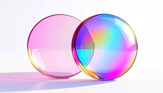 Vibrant holographic circles with pink and purple gradients.