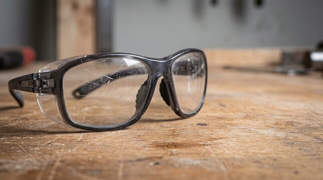 Black-frame safety glasses with visible lens scratches sit on a workshop bench, illustrating PPE wear inspection, damaged protective eyewear and replacement awareness.