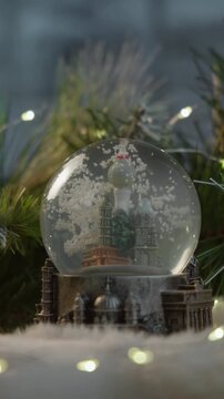 Closeup festive Christmas snow globe with miniature building surrounded by holiday ornaments and lig