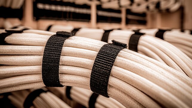 Neatly coiled cables secured with black straps, showing a close-up view, representing connectivity and organized infrastructure