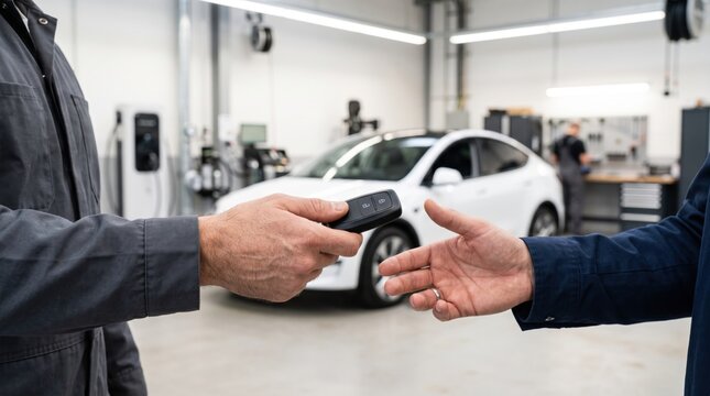 Auto mechanic handing over car key fob to customer in a modern electric vehicle repair shop