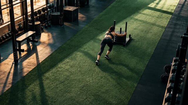 Athletic woman pushing a weighted sled during gym training