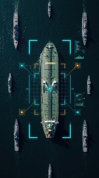 Aerial top view of oil tanker ship escorted by military warships with digital radar tracking HUD