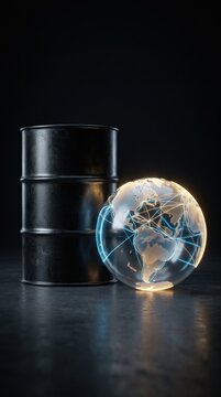 Black oil barrel next to a glowing network world globe on a dark background