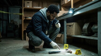 Detective Investigates Crime Scene with Magnifying Glass and Evidence Markers