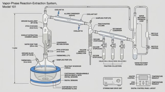 Detailed schematic illustration of a Vapor Phase Reaction Extraction System Model 3T for scientific research and industrial processes