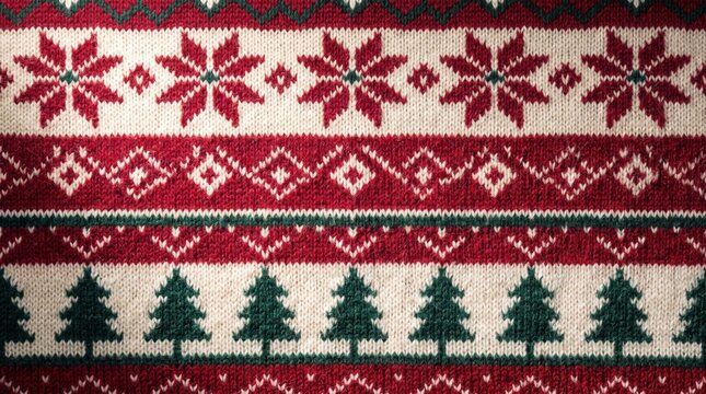 Close up texture of knitted Christmas sweater with red and green traditional festive pattern