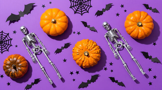 Pumpkins plastic skeletons and bats create a festive halloween arrangement on a purple backdrop autumn celebration