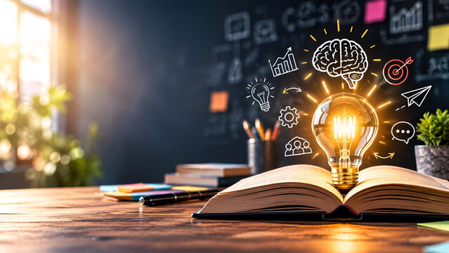 A glowing light bulb above an open book with doodles representing ideas and creativity, set against a dark background for inspiration and learning.