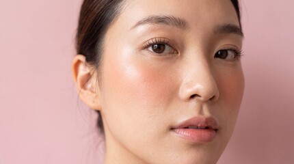 Obraz premium Close up portrait of a young woman with natural makeup posing against a soft pink background with makeup looks directly