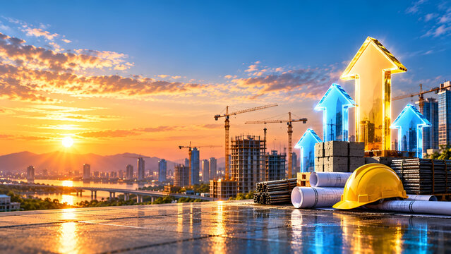 City skyline with construction site at sunrise. Cranes and buildings silhouetted against the vibrant sky, symbolizing growth and future urban development.