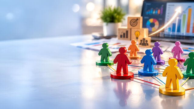Colorful teamwork concept with human figures and connecting lines on a desk, illustrating collaboration in a modern office environment.