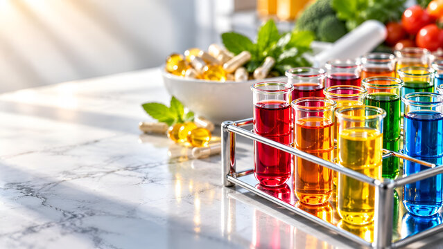 Colorful test tubes with liquids on a marble table, surrounded by fresh vegetables and supplements, symbolizing the intersection of science and nutrition.