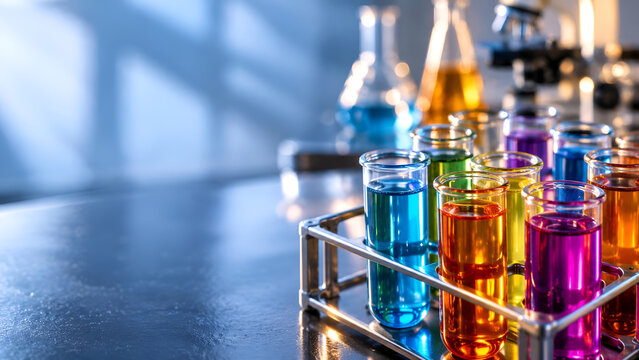 Colorful test tubes in a laboratory setting illuminated by sunlight, reflecting the vibrant colors of chemical solutions in a scientific environment.