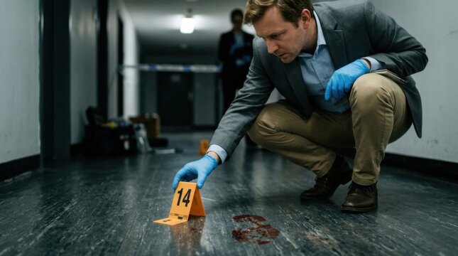 Detective Investigating Crime Scene Forensic Evidence Police Tape Blood Splatter