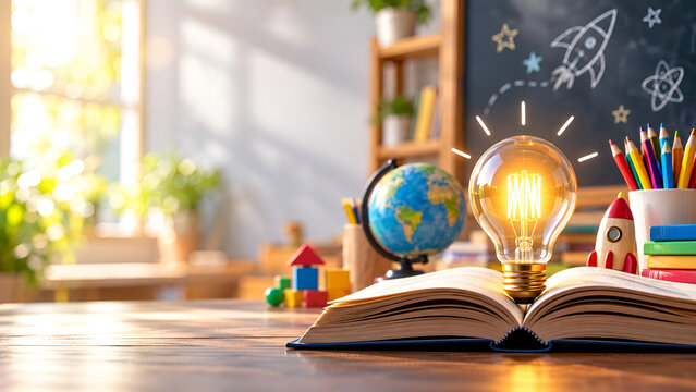 Creative workspace with open book and glowing light bulb symbolizing ideas, learning, and knowledge in a colorful educational environment.