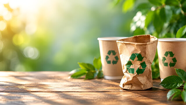 Eco-friendly paper cups and bag on wooden table symbolizing recycling, sustainability, and green living with natural sunlight and greenery in the background.