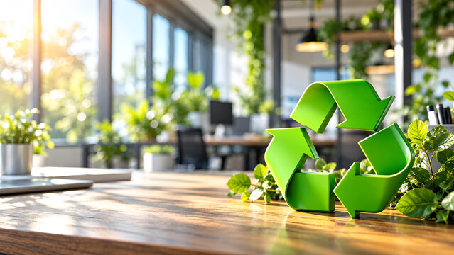 Eco-friendly office space with a bright interior, showcasing a prominent recycling symbol surrounded by lush green plants in natural daylight.