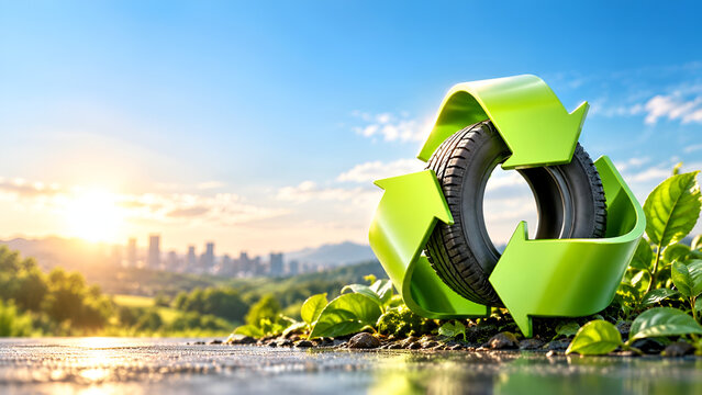 Eco-friendly scene with a recycled tire symbolizing sustainability against a city skyline, highlighting green innovation and environmental awareness.