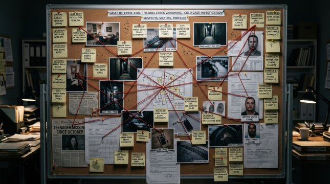 Detective Investigation Board Crime Scene Photos Suspects and Evidence Connected by Red String