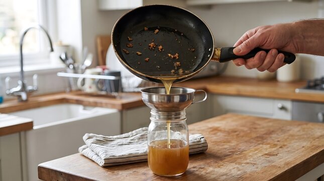 Cooled cooking grease is strained from a used frying pan into a glass jar on a kitchen worktop, illustrating household oil collection and responsible waste handling.
