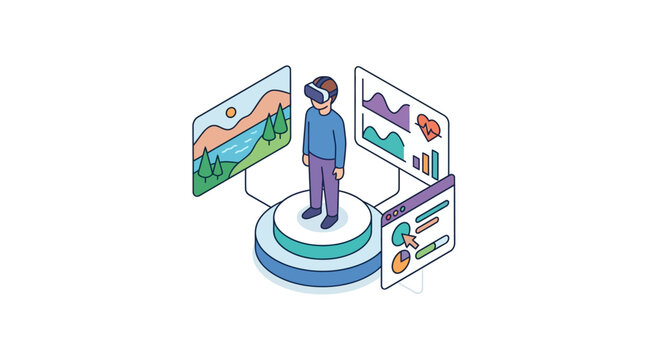 Person in Virtual Reality Headset Standing Among Data Dashboards