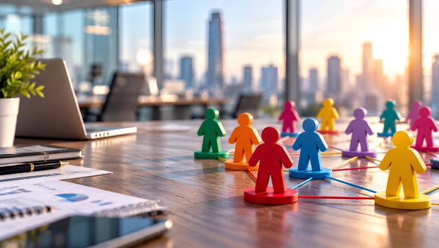 Modern office with a large window view of a city skyline, featuring colorful figures symbolizing teamwork and networking on a meeting table.
