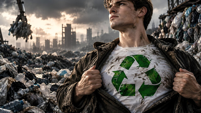 Man reveals recycling symbol shirt amidst landfill, symbolizing environmental heroism and commitment to sustainability against urban backdrop.