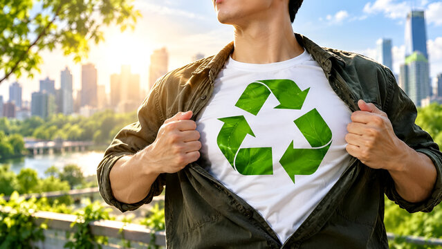 Person proudly displaying a recycling symbol on a shirt, promoting environmental awareness with a cityscape background in bright sunlight.