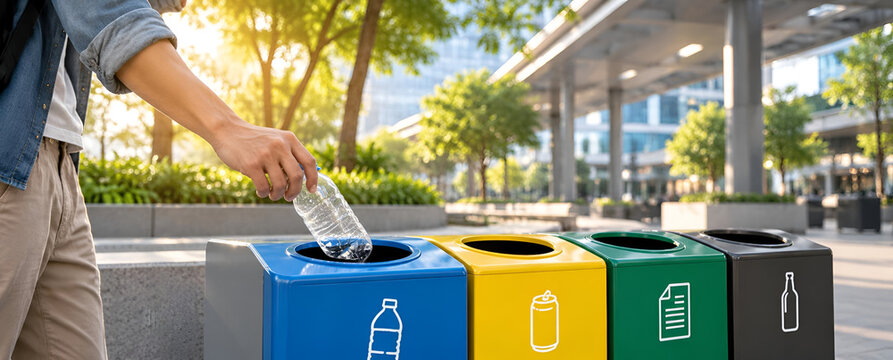 Person recycling plastic bottle in modern urban setting with colorful recycling bins, promoting eco-friendly habits and sustainability.