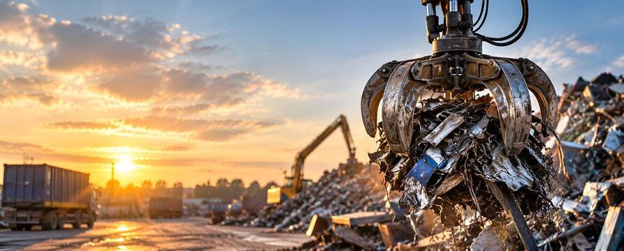 Sunset scene at a recycling facility with metal scrapyard. Mechanical grabber handling scrap, silhouetted cranes, and industrial skyline complete the view.
