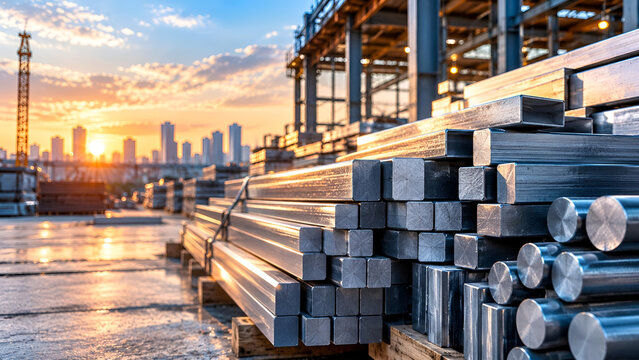 Steel beams stacked at a construction site with a city skyline at sunset, representing modern architecture, urban development, and industrial progress.