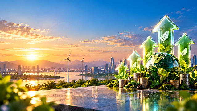 Sustainable cityscape with a globe, green arrows, and wind turbines at sunrise, symbolizing eco-friendly growth and renewable energy solutions.